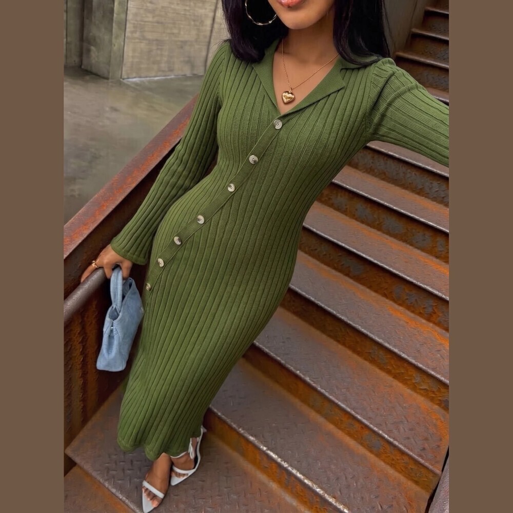 Olive Green Ribbed Knit Asymmetric Button Collared Midi Sweater Dress